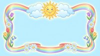 Cheerful rainbow frame with smiling sun and fluffy clouds on light blue background. Decorative border with flowers for children designs and greeting cards.