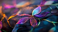 Delicate flower petals with iridescent colors in purple, blue, and orange glowing against dark background, creating magical nature macro photography effect.