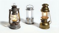 Three vintage camping lanterns with glowing flames isolated on white background, ready for design projects, websites, and marketing materials.