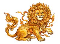 Golden lion with ornate mane and decorative swirling patterns, isolated on white background. Suitable for logos, emblems, t-shirt designs, and decorative applications.