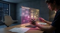 Young professional man interacting with futuristic holographic interface display in modern office environment showcasing advanced technology and digital innovation.