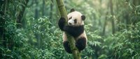 Giant panda climbing bamboo tree in lush forest habitat. Wildlife and nature conservation stock photo.