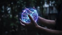 Hands holding glowing digital lungs with electric blue light effects, representing respiratory health, medical technology, and healthcare innovation for digital wellness concepts.