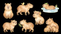 Cute watercolor capybara set isolated on transparent background, ready for stickers, t-shirt design, print on demand, clipart, and sublimation projects.