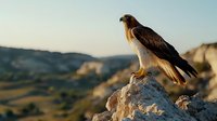 Red-tailed hawk perched majestically on rocky mountain peak during golden sunset, displaying powerful stance against dramatic natural landscape background.