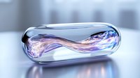 Futuristic glass capsule containing swirling purple and pink ethereal energy waves creates mesmerizing abstract art effect against soft blurred background.