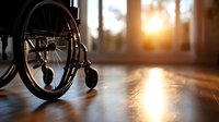 Empty wheelchair on wooden floor against window with warm sunset light creating dramatic shadows and reflection, representing disability awareness and healthcare.