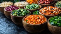 Fresh legumes, chickpeas, beans and leafy greens served in wooden bowls. Colorful healthy vegan ingredients arranged in rustic setting for cooking nutritious meals.