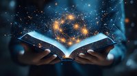 Magical glowing open book floating with sparkles and light trails forming constellation patterns against dark blue background, hands holding mystical literature.