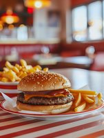 Juicy cheeseburger with melted cheddar and french fries served on red striped plate in classic American diner setting with warm ambient lighting and booth seating.