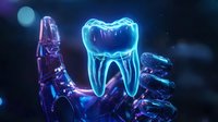 Glowing neon molar tooth held by robotic hand against dark background showcases futuristic dental technology and artificial intelligence in healthcare advancement.