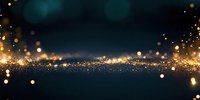 Abstract dark background with golden glowing particles and bokeh lights creating magical atmosphere for festive designs and luxury presentations.
