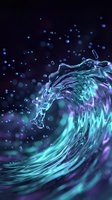Luminous liquid wave with neon cyan and purple hues flowing dynamically against dark background, featuring floating particles and bubbles for modern digital design projects.