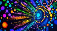 Vibrant cosmic burst pattern with colorful dots and light trails radiating from central blue vortex against dark background, creating dynamic motion effect.
