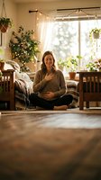 Young pregnant woman practicing mindfulness meditation in cozy bohemian living room with plants and warm lighting for wellness and self-care.