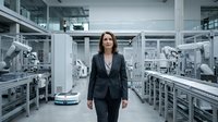Professional woman in dark blazer walking through modern laboratory facility with automated robotic equipment and machinery, suitable for corporate, technology, and industrial applications.