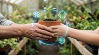 Two hands holding potted seedling with digital science icons floating above in greenhouse setting, representing sustainable agriculture and environmental technology innovation.