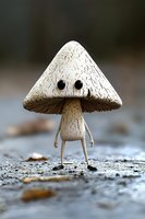 Whimsical mushroom character with thin legs and black eyes standing on wet ground, artistic fantasy nature illustration for children's books and fairy tale designs.