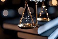 Decorative scales of justice with glowing bokeh lights creating magical atmosphere against dark background, symbol of law and legal system balance.