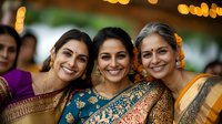 Three women in traditional Indian saris with gold jewelry and flowers in their hair smile warmly at traditional celebration, wearing vibrant blue, purple and yellow garments.