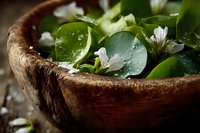 Fresh green leaves and white flowers in rustic wooden bowl with water droplets, creating natural spa atmosphere for wellness treatments.