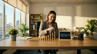 Professional businesswoman arranging wooden blocks in office setting with growth concept chalkboard sign and green plants on desk.