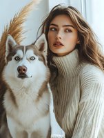 Young Asian woman in cream turtleneck sweater with long brown hair poses next to Siberian Husky dog with blue eyes. Soft natural lighting creates cozy winter atmosphere.