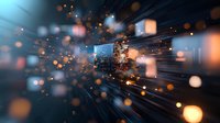 Futuristic digital portal with glowing particles and light streaks creating dynamic motion effect against dark background, orange and blue color scheme.