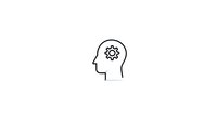 Minimalist line art of human head profile with gear icon inside, representing mental process, thinking and cognitive function on white background.
