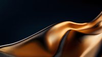 Elegant golden liquid metal waves with smooth curves against dark blue background, creating luxurious abstract design for premium branding.