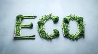 ECO word made from fresh green vegetables including broccoli, asparagus, and microgreens on gray background, symbolizing sustainability.
