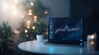 Laptop displaying financial stock market charts and data analytics on screen with bokeh lights and potted plant on desk for business trading concepts.