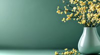 Yellow mimosa flowers in white ceramic vase against mint green wall background, spring floral arrangement with soft natural lighting and copy space.