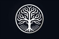 Minimalist white tree symbol in circular frame on black background, featuring symmetrical branches and roots design. Clean modern logo mark isolated.