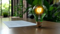 Glowing light bulb on wooden desk with document and green plants in background, symbolizing creative business ideas and innovation solutions.