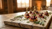 Gourmet appetizers with cranberries and herbs on rustic wooden board in warm kitchen setting for holiday entertaining and festive dining occasions.