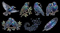 Iridescent starling birds clipart set isolated on transparent background, featuring pairs, feather, and flock swirl, ready for stickers, t-shirt design, and print on demand.