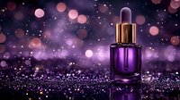 Purple glass dropper bottle with gold cap on sparkling glitter surface against dreamy bokeh background in violet and pink tones. Luxury cosmetic product photography.