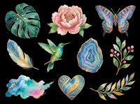 Watercolor botanical clipart set with monstera leaf, peony, butterfly, hummingbird, feather, gemstone, berries, and heart on transparent background for stickers, T-shirts, print on demand.