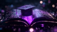 Graduation cap floating over open book with magical purple glow and sparkles against dark background, creating mystical educational atmosphere.