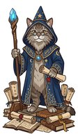 Wizard cat character wearing star-adorned blue robe and pointed hat, holding magical staff and scroll, surrounded by ancient books and scrolls. Isolated clipart for design projects.