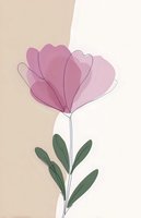 Minimalist line art flower in pink and green tones on beige background, featuring delicate petals and leaves. Elegant botanical illustration for wall art and stationery.