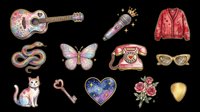 Retro pop art collection featuring acoustic guitar, microphone, jacket, snake, butterfly, telephone, sunglasses, cat, key, heart, roses, and shield on transparent background. Ready for t-shirt design, stickers, clipart, and print-on-demand products.