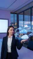 Professional businesswoman presenting cloud computing technology with holographic interface in modern office environment for digital transformation concepts.