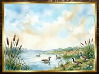 Watercolor painting of geese and ducks swimming in a serene lake surrounded by cattails, marsh grasses, and wildflowers with distant mountains under a soft cloudy sky.