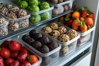 Organized refrigerator storage with fresh strawberries, energy balls, Brussels sprouts, and assorted fruits in clear containers for meal prep and healthy eating.