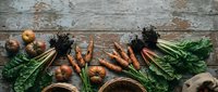 Fresh organic vegetables including carrots, onions and leafy greens arranged on rustic wooden background for healthy cooking and farm-to-table cuisine.