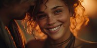 Young woman with curly hair smiling at partner during golden hour sunset, creating intimate moment of connection and joy.