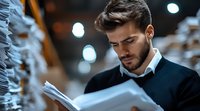 Young businessman in navy sweater reading document in office storage room with dramatic lighting and bokeh effect, professional corporate environment.