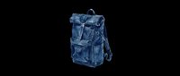 Blue denim backpack with multiple pockets and straps, isolated on transparent background, ready for t-shirt designs, clipart, stickers, and print-on-demand products.